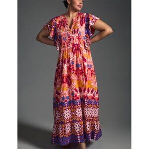 Maeve Anthropologie Cassandra Floral Cotton Lined Pockets Maxi Boho Tropical LG